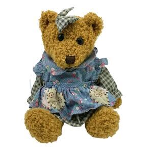 Vintage TL Toys Bear 9" Plush Stuffed Animals Plaid Dress Apron Head Ribbon Bow